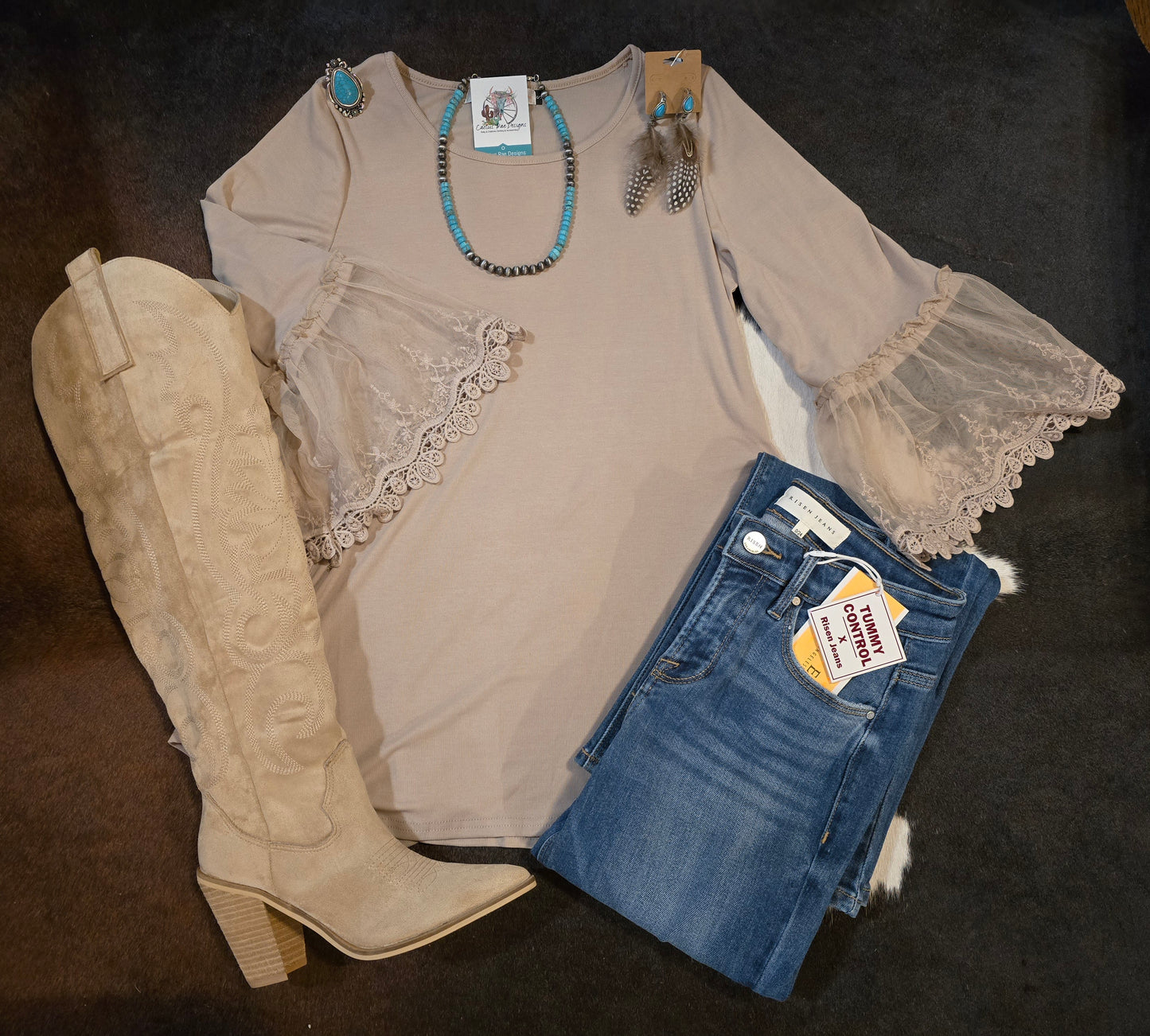 Tunic Top with Lace Trimming Taupe