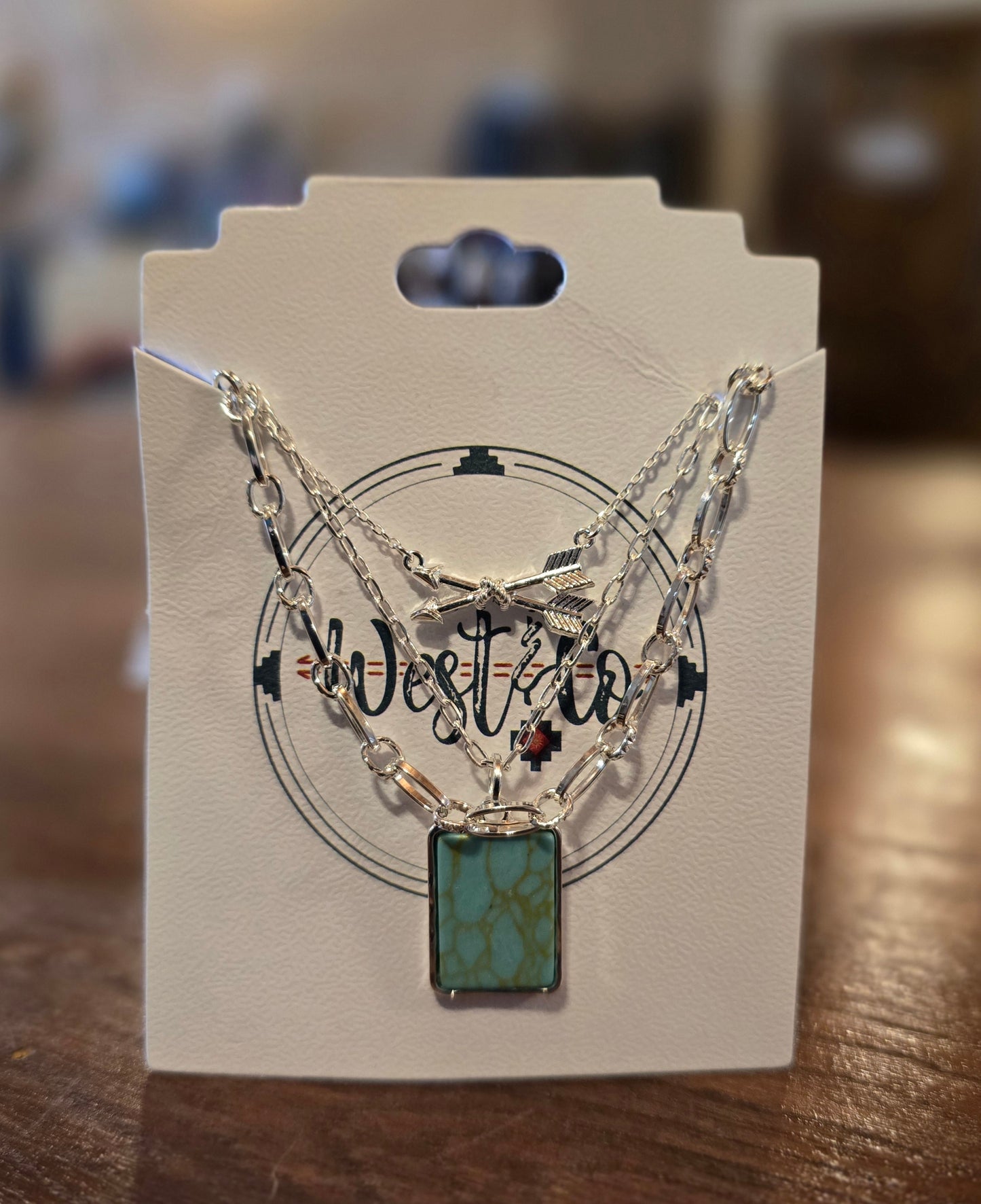 Silver Chain Necklace with Arrows & Turquoise Bar