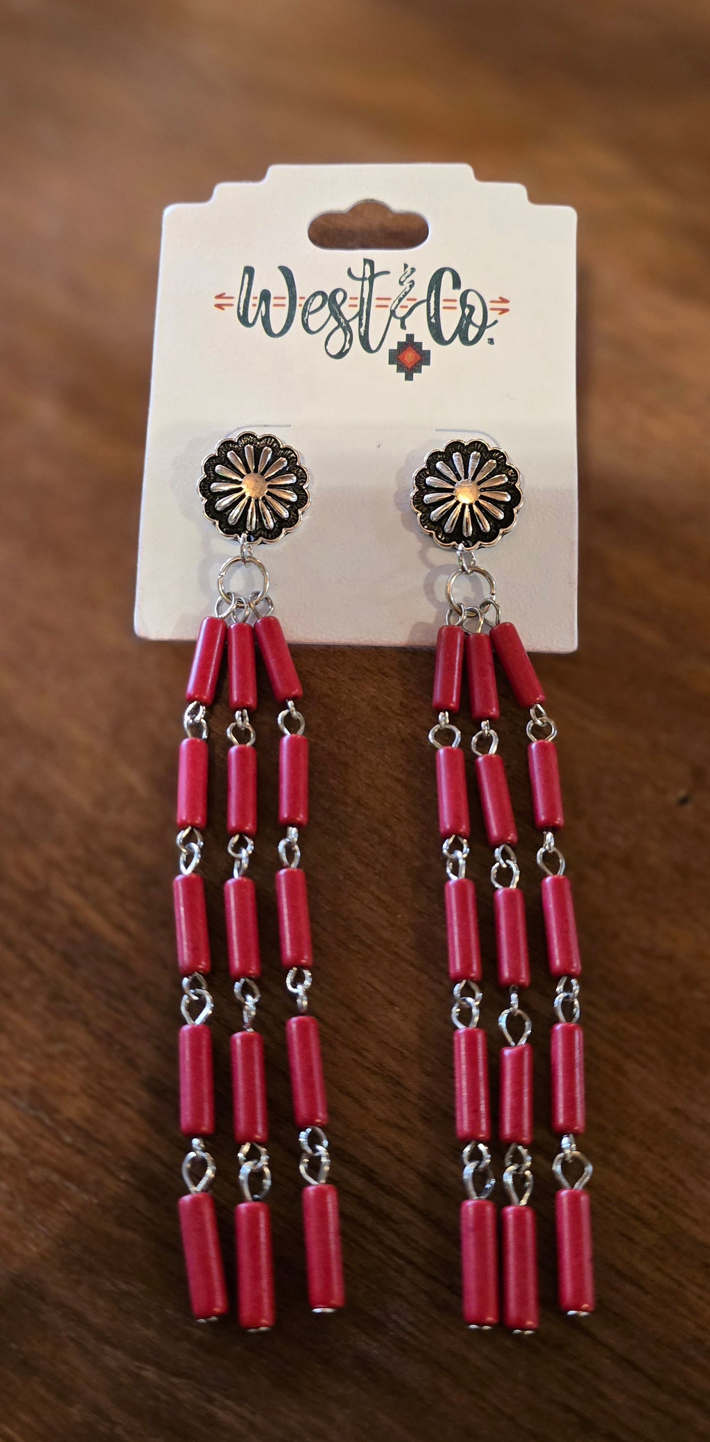 Red Tube Bead Tassel Earrings on Concho Post
