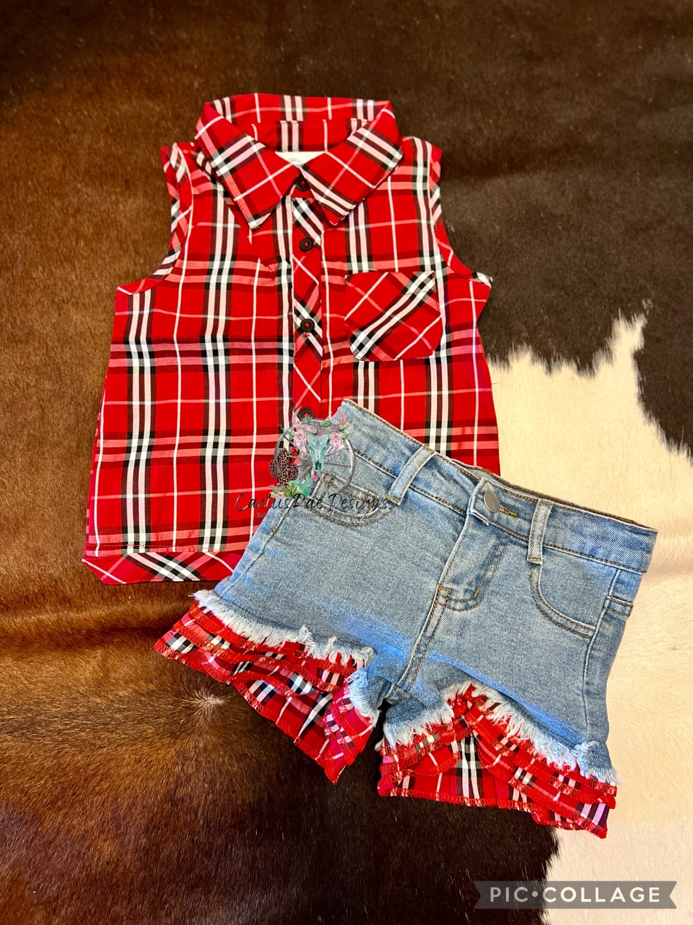 Denim Shorts w/ Plaid Ruffle