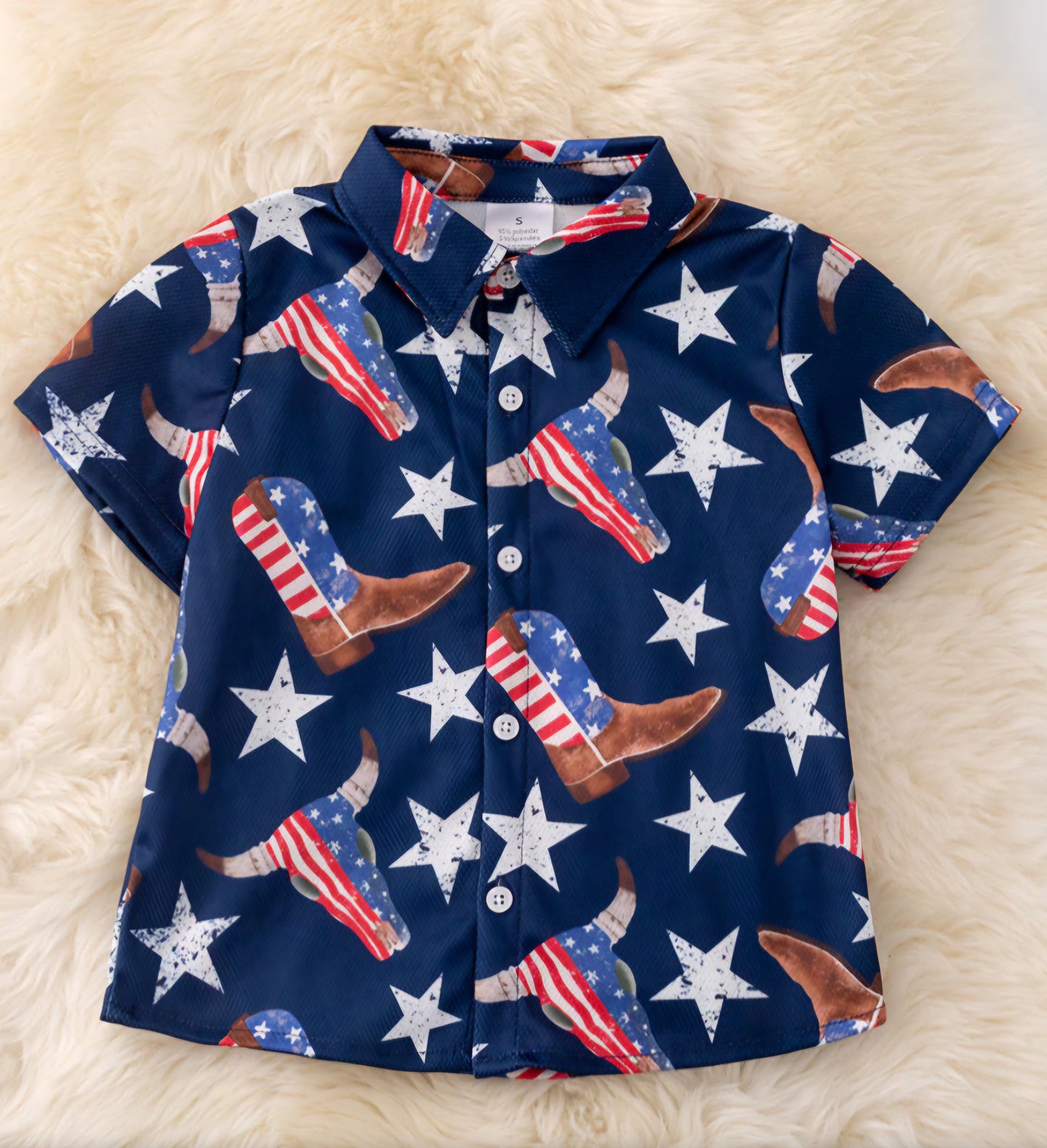 Boys Navy blue Western boot patriotic button up shirt