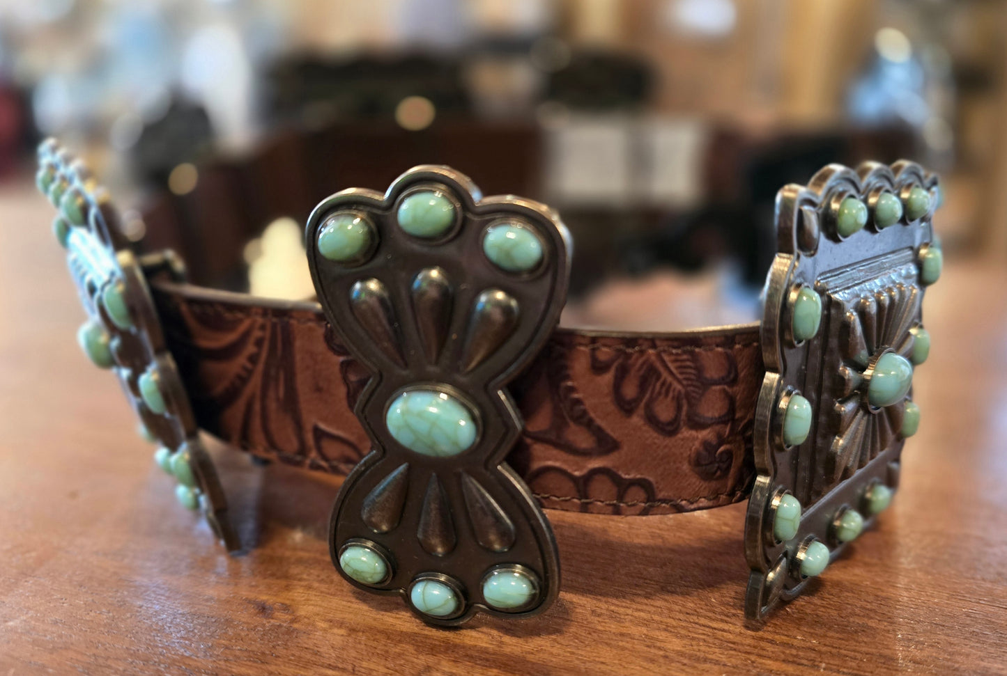 Brown Tooled Genuine Leather Turquoise Stone Ribbon Concho Belt