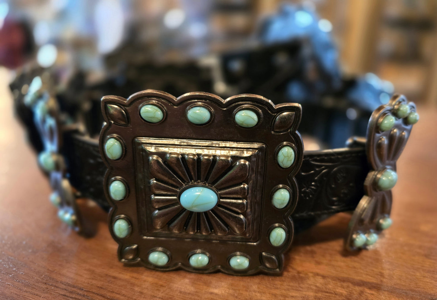 Black Tooled Genuine Leather Turquoise Stone Ribbon Concho Belt