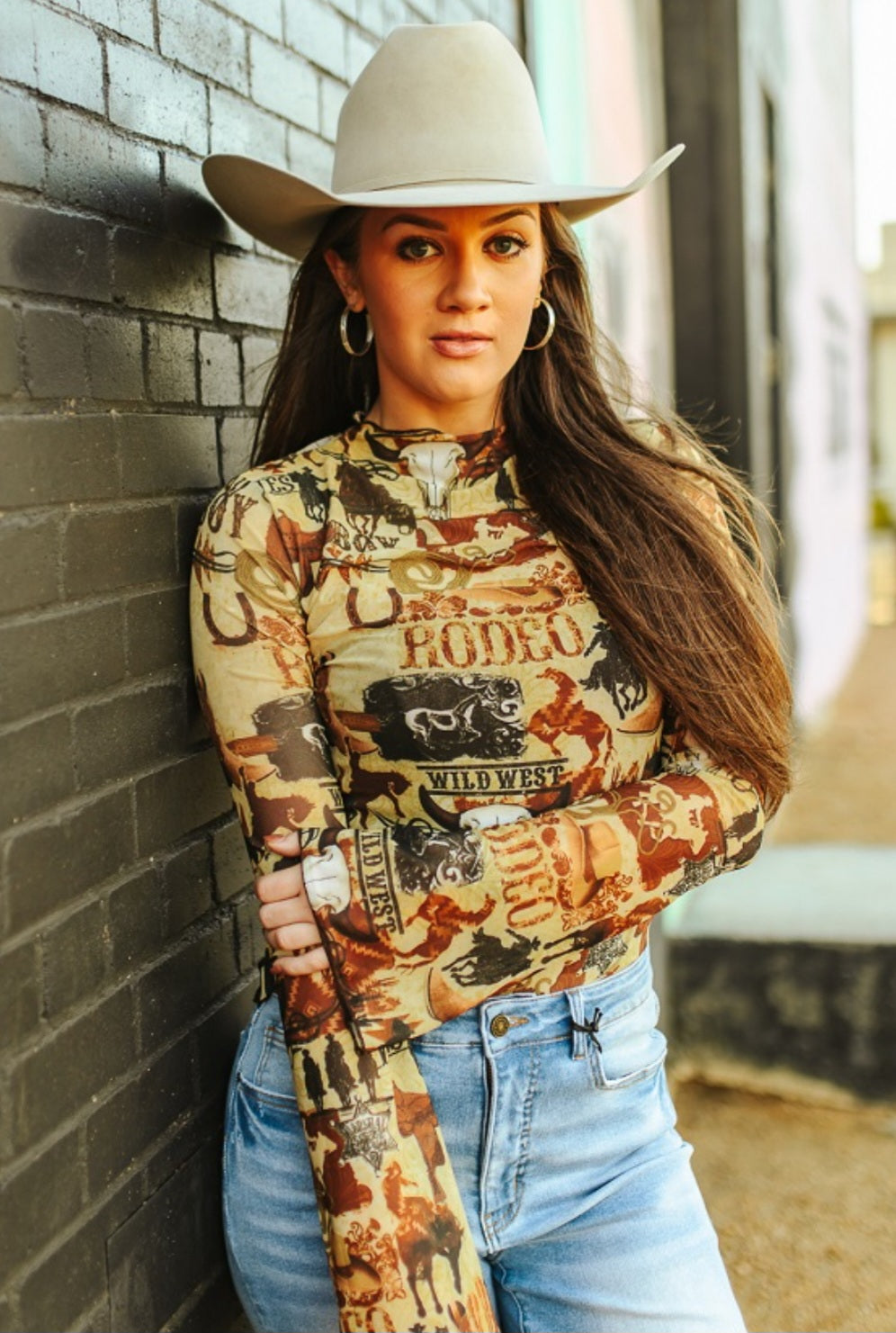 Wild West Rodeo Printed Mesh Flare Sleeve Top