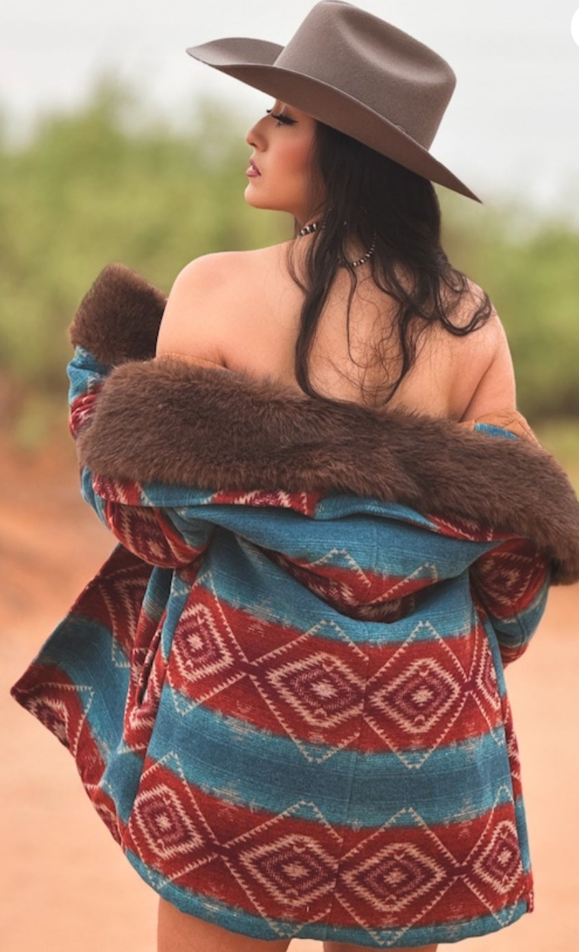 Jade Deep Red Aztec Wool Blend Removable Fur Coat