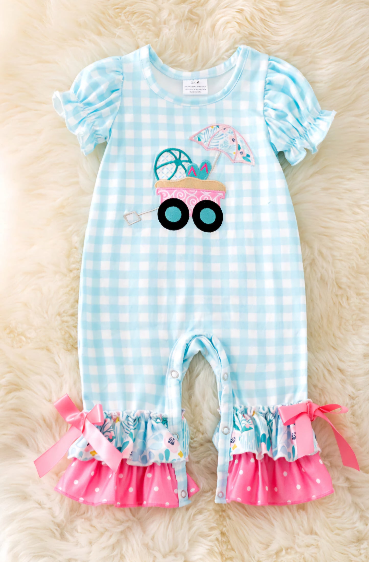 Gingham wagon application girls baby romper