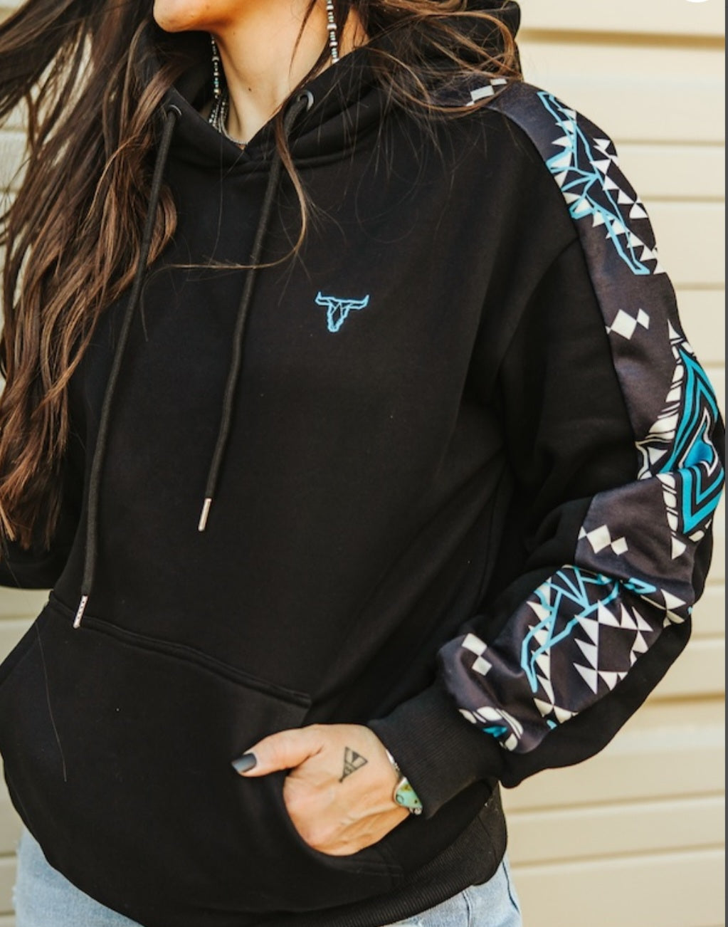 New Black Turquoise Aztec Printed Side Panel Sleeve Drawstring Hoodie