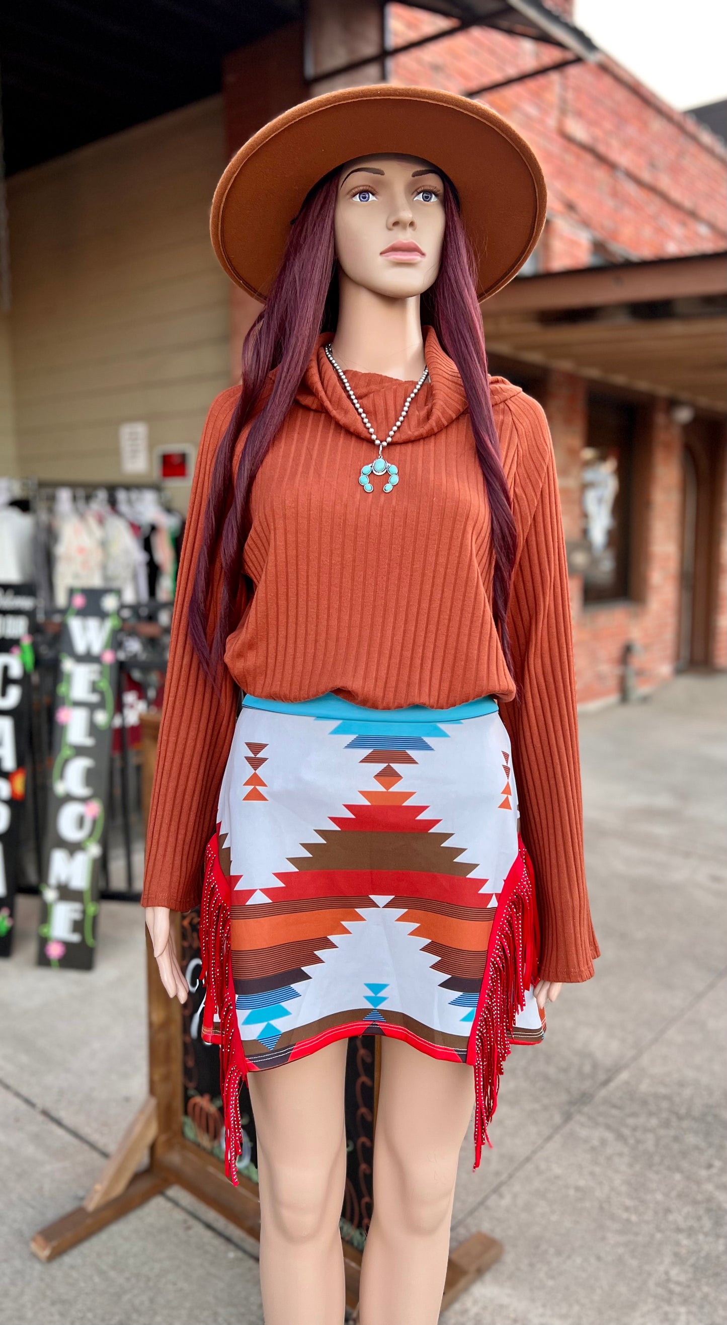 Blue/Red Aztec Rhinestone Fringe Skirt
