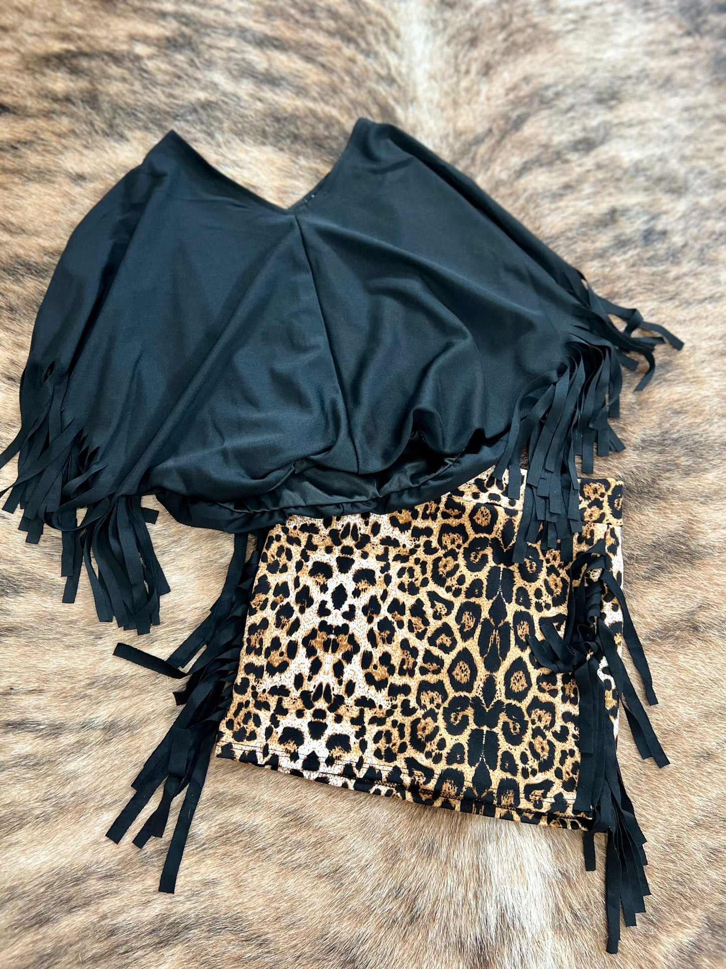 Brown Leopard Side Fringe Skirt