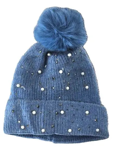 Winter Beanie with Rhinestones and Pearl Beads
