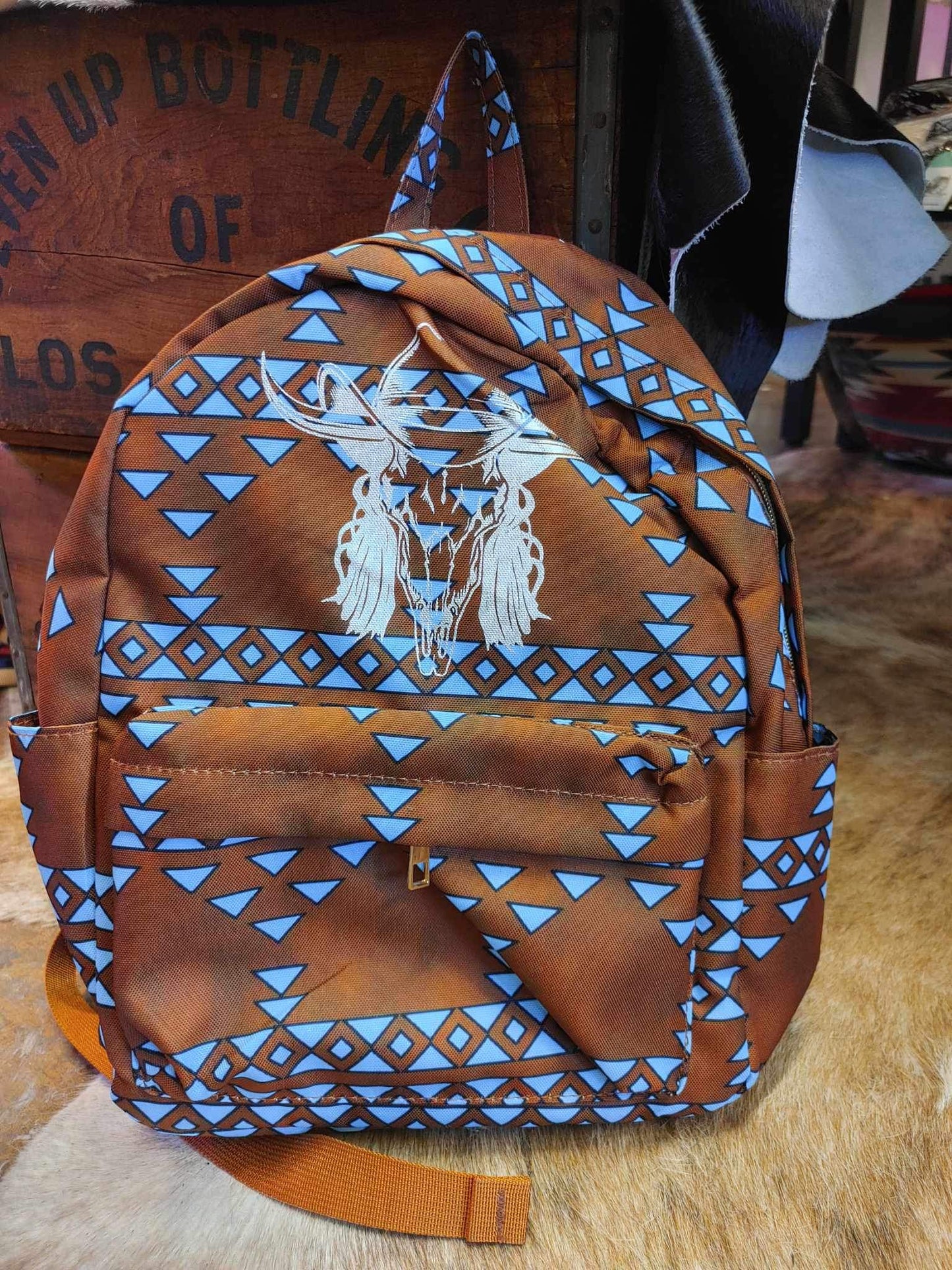 Brown Aztec Bull Skull Backpack