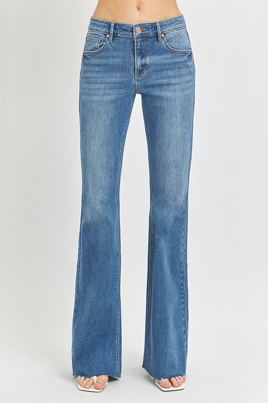 MID RISE FLARE RAW CUT HEM JEANS