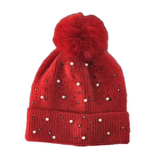 Winter Beanie with Rhinestones and Pearl Beads