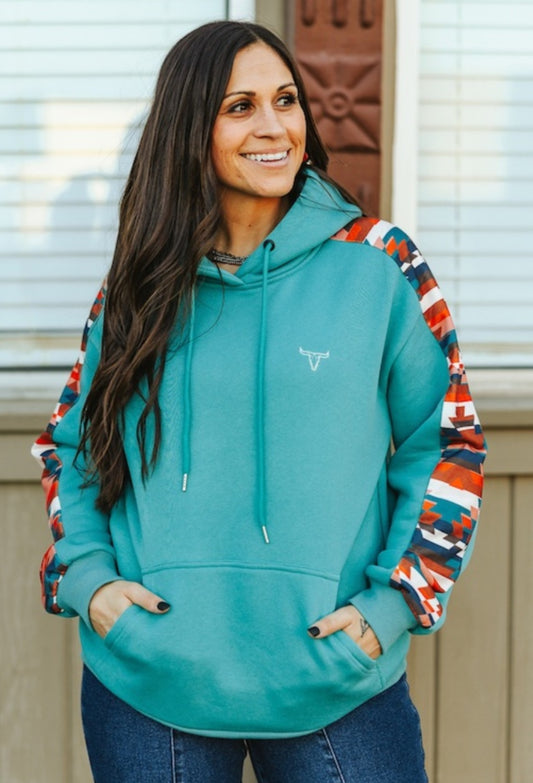 Teal Multi Aztec Printed Side Panel Sleeve Drawstring Hoodie