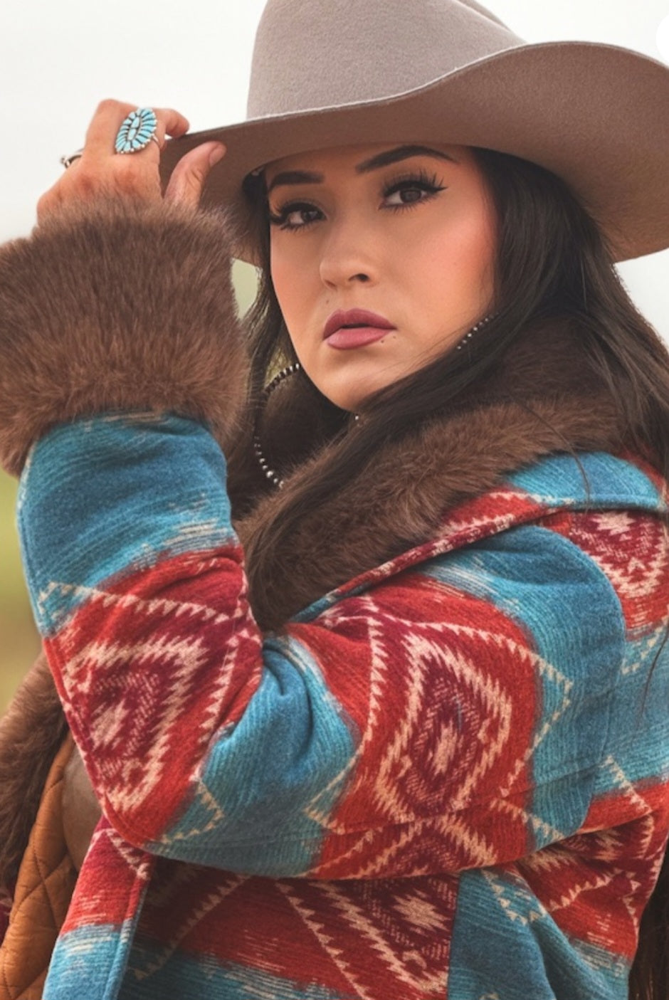 Jade Deep Red Aztec Wool Blend Removable Fur Coat