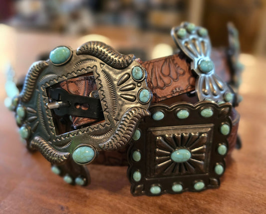 Brown Tooled Genuine Leather Turquoise Stone Ribbon Concho Belt