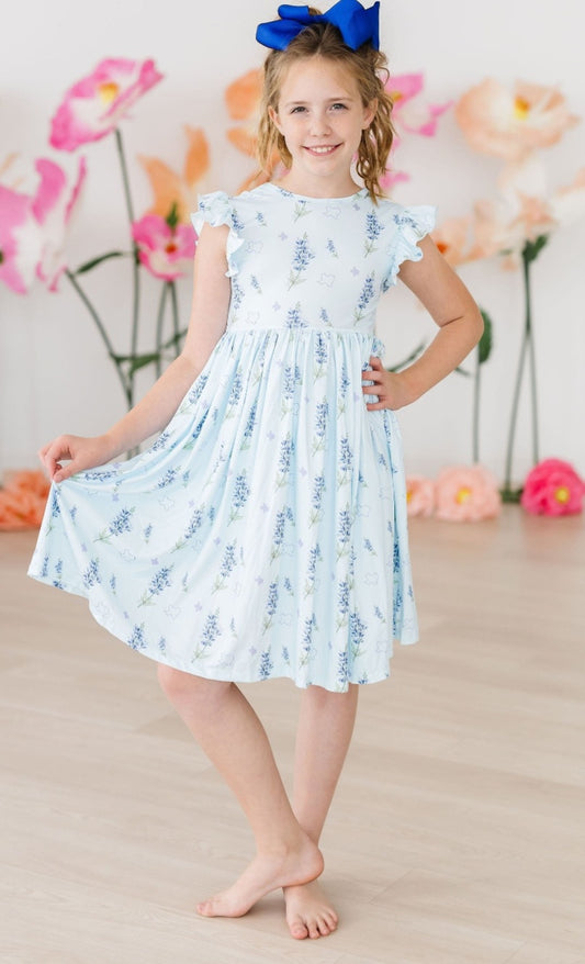 Texas Bluebonnets Flutter Sleeve Twirl Dress