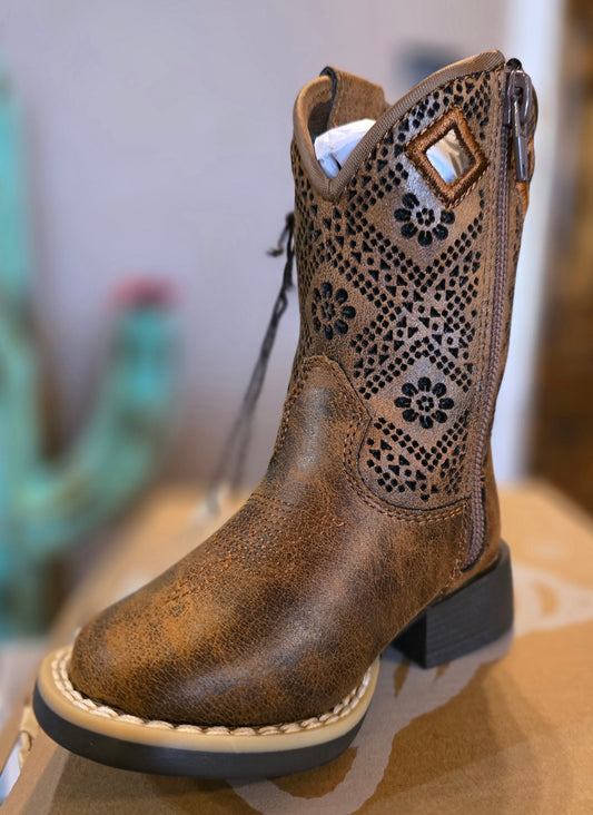 Twister® Kids' Prue Brown/Floral Diamond Square Toe Boots