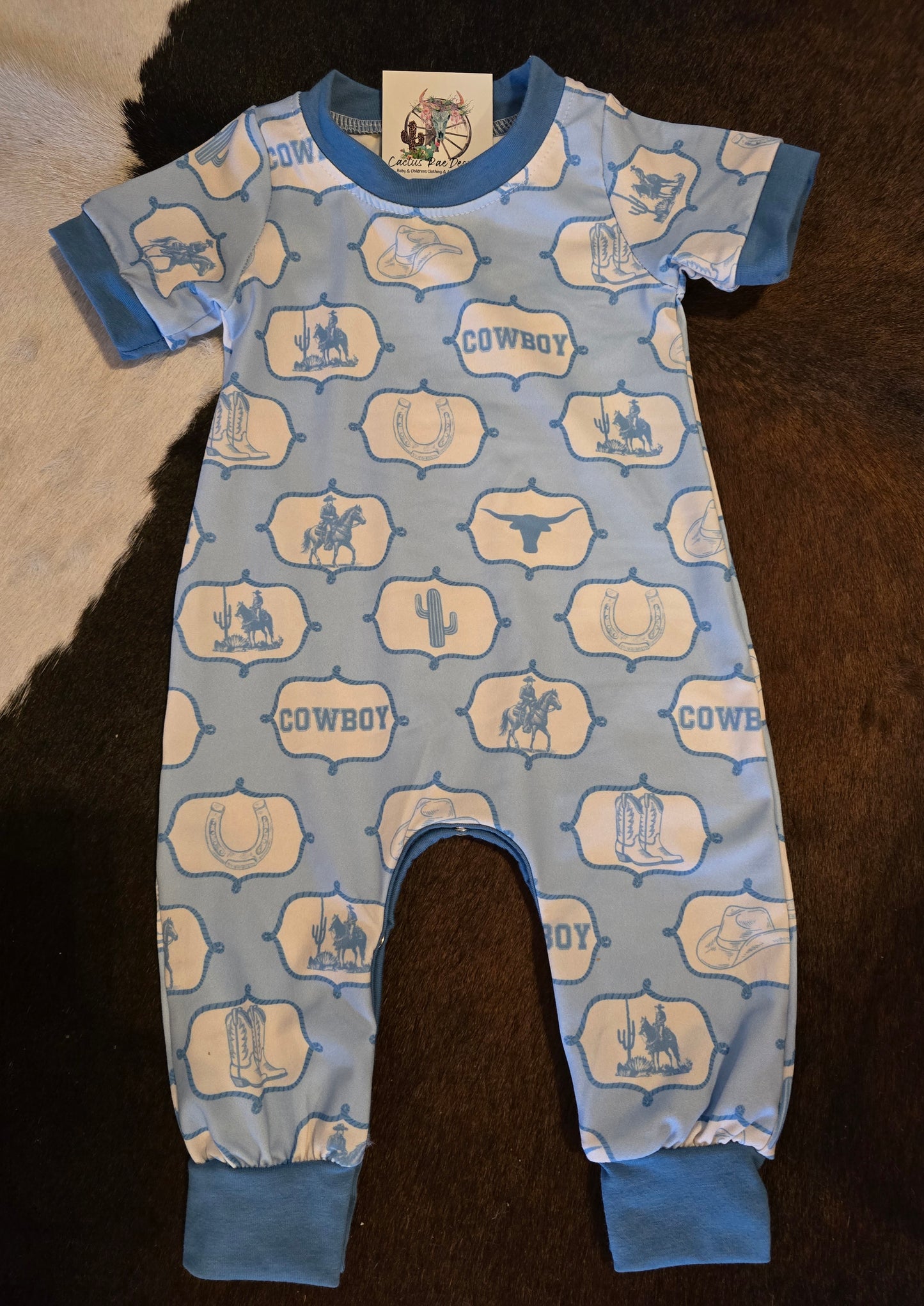 Lt. Blue Cowboy Printed Boys Baby Romper with snaps