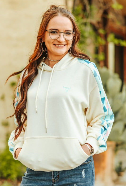 Cream Turquoise Aztec Printed Side Panel Sleeve Drawstring Hoodie