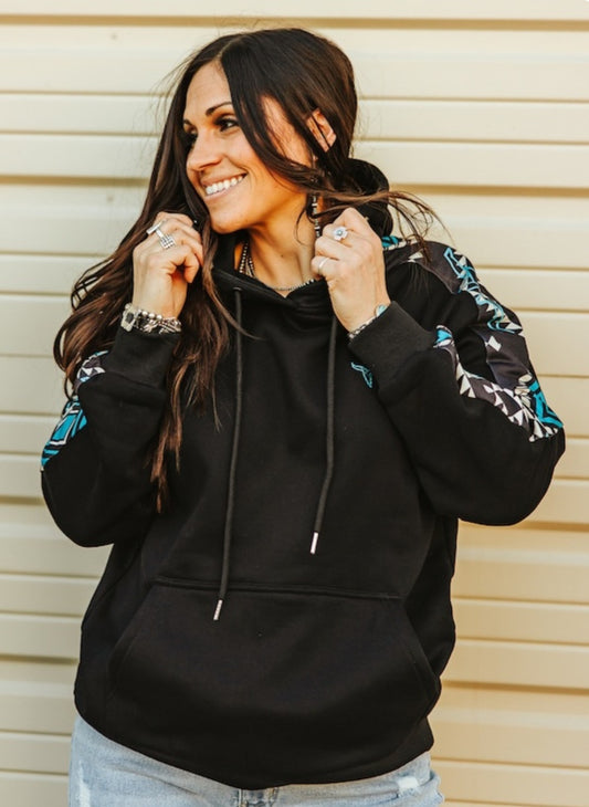 New Black Turquoise Aztec Printed Side Panel Sleeve Drawstring Hoodie