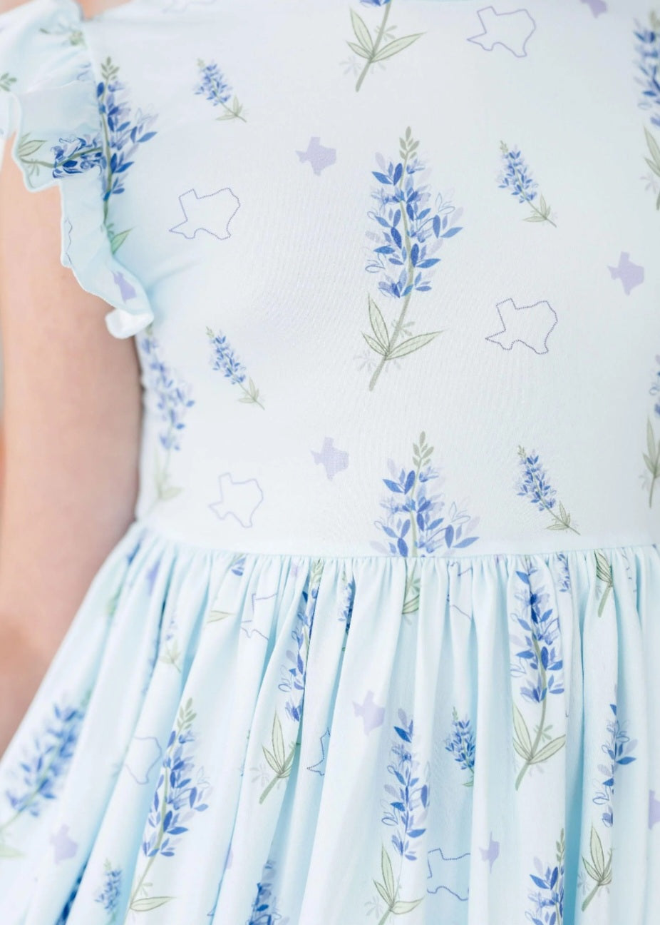Texas Bluebonnets Flutter Sleeve Twirl Dress