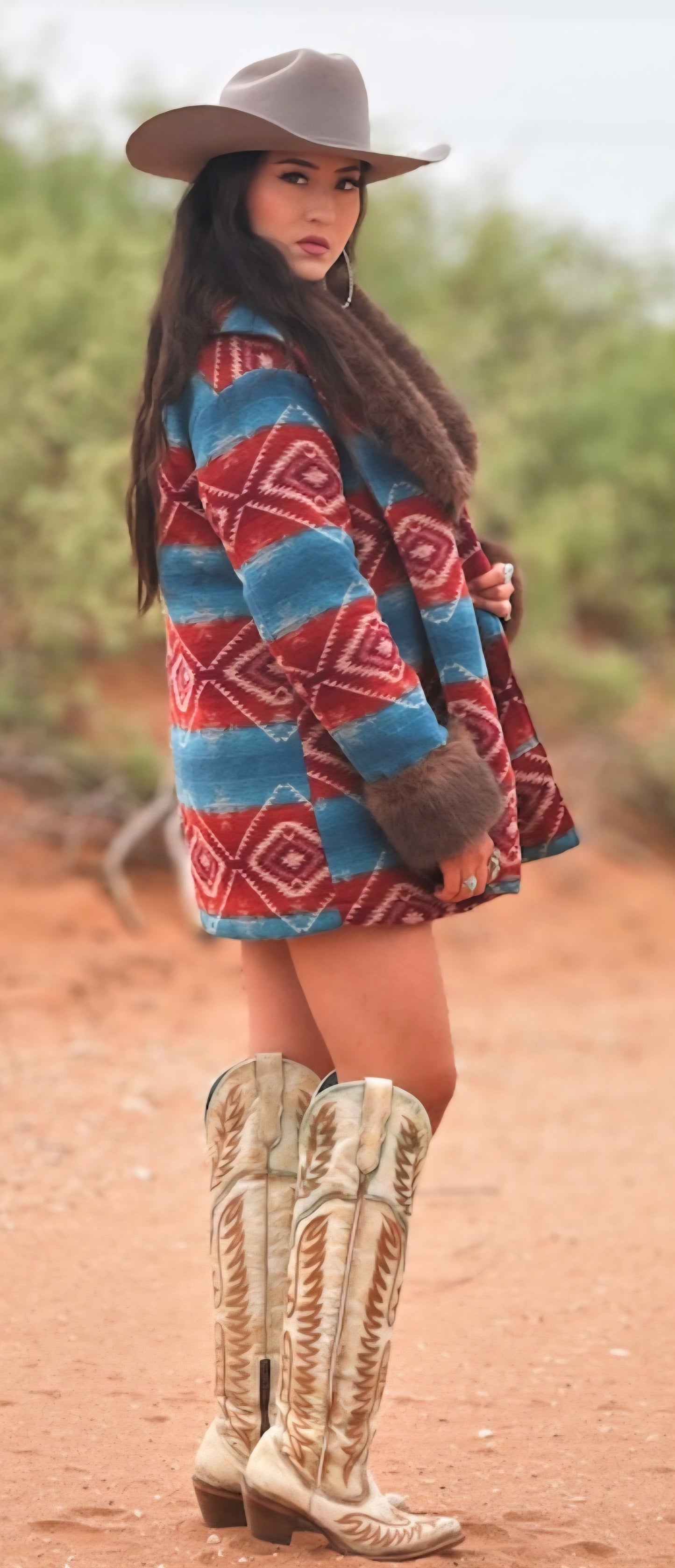 Jade Deep Red Aztec Wool Blend Removable Fur Coat