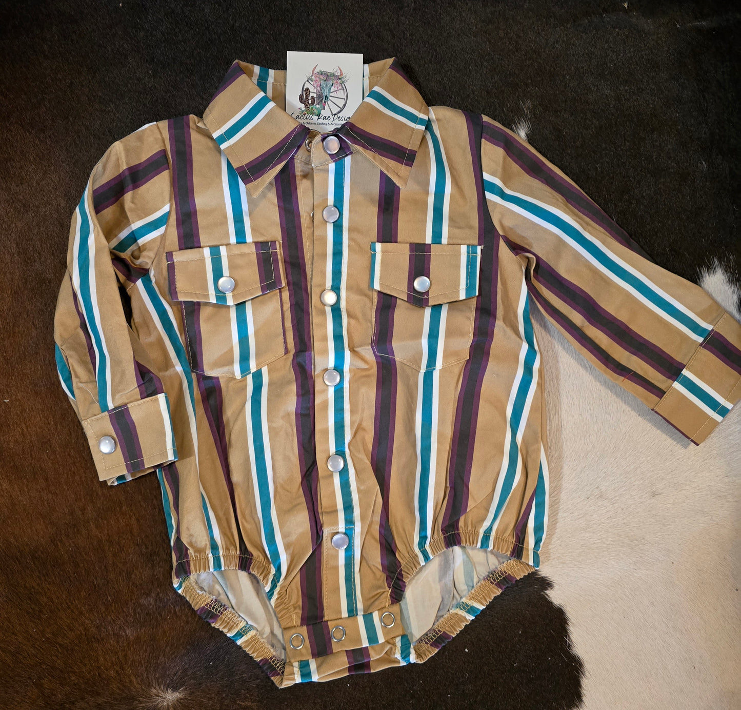 Tan Stripe Vintage LS Pearl Snap Onesie