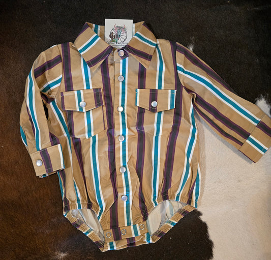 Tan Stripe Vintage LS Pearl Snap Onesie