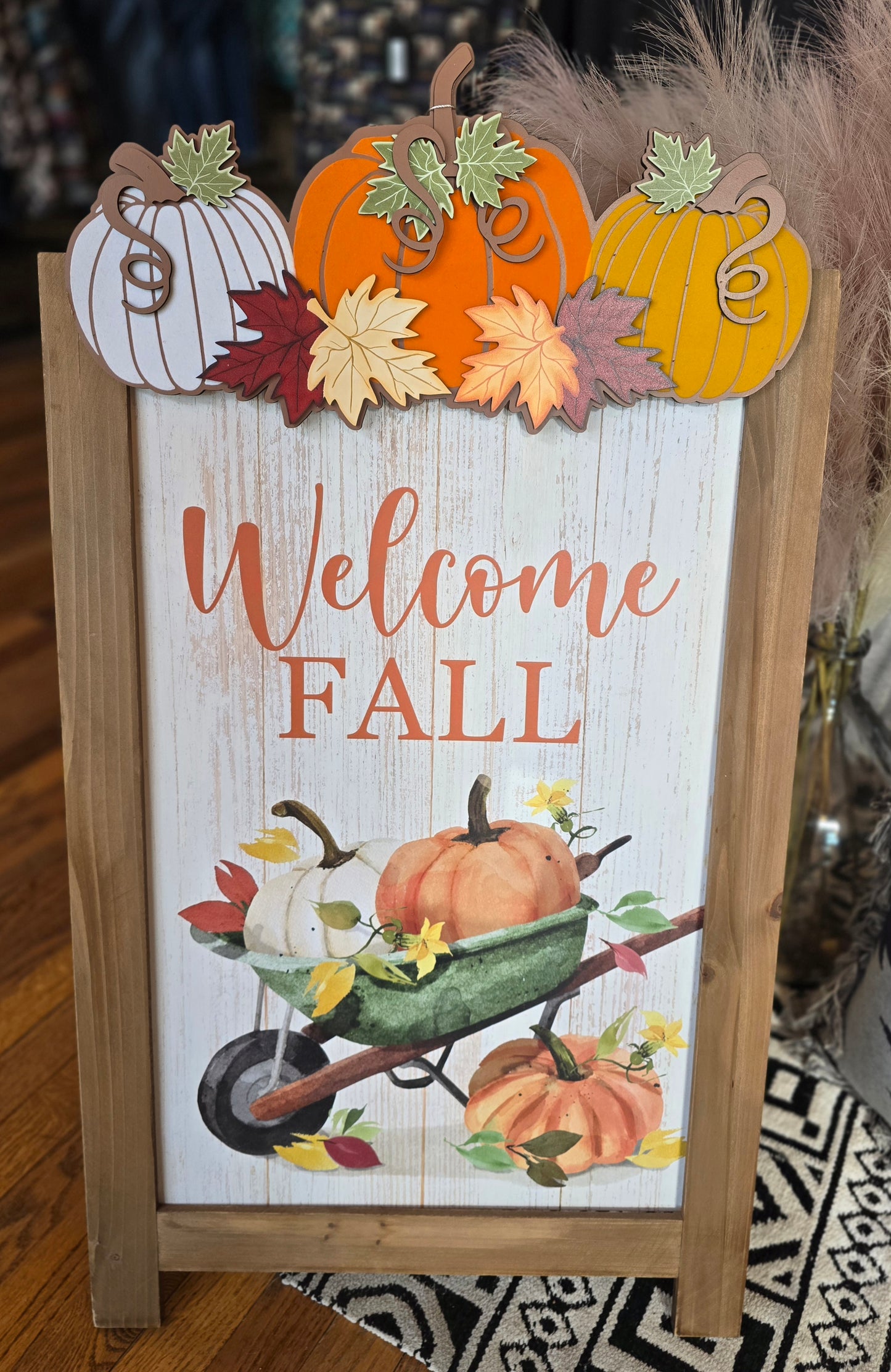 Wood Layered Easel Fall Sign w/Flocked Pumpkin