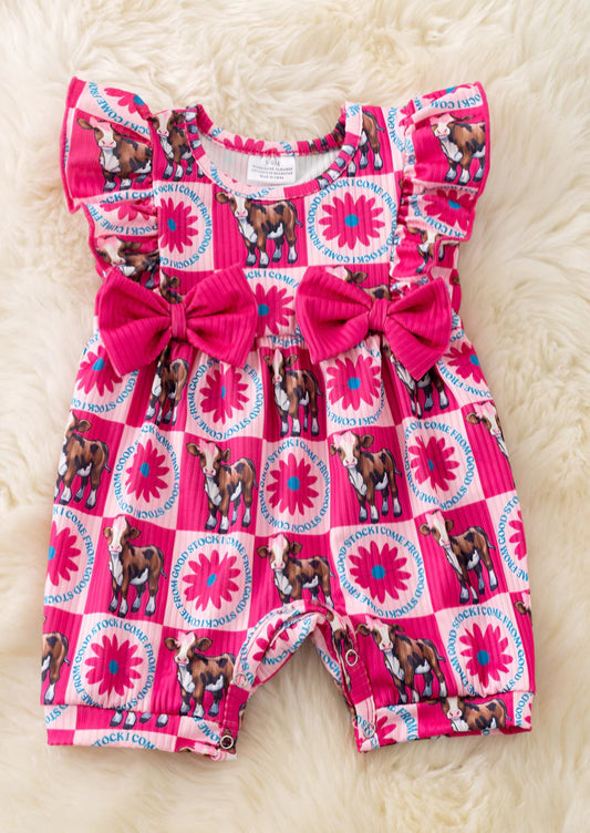 "I come from good stock" Cow printed baby romper w/side bows