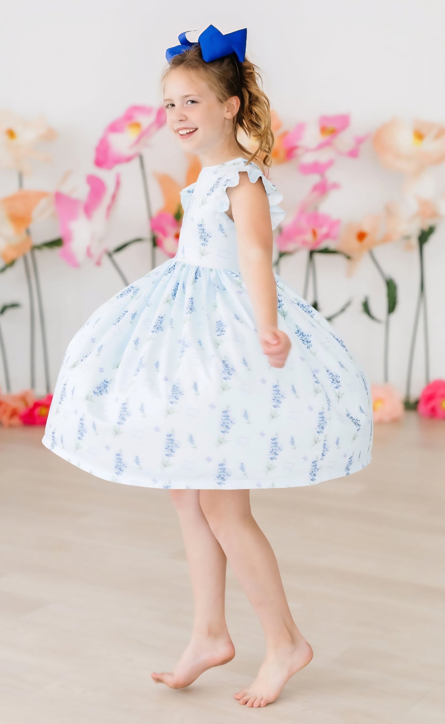 Texas Bluebonnets Flutter Sleeve Twirl Dress