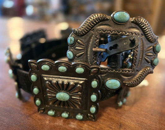 Black Tooled Genuine Leather Turquoise Stone Ribbon Concho Belt